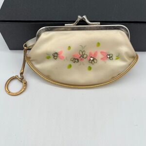 Vtg 50s 60s Change Coin Purse Keychain Floral Rhinestone Cream Kiss Lock Pin-up